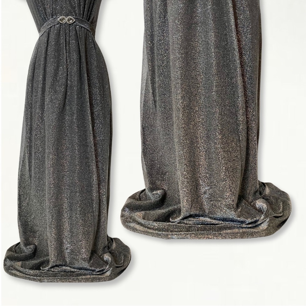 Vintage 1970s Silver Metallic Studio 54 Keyhole Jewel Belted Halter Maxi Dress - Picture 4 of 15